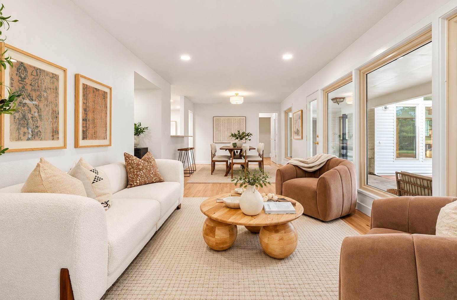 Bright, staged living room with a white boucle sofa, round wood coffee table and an open view to the dining area, Colorado listing