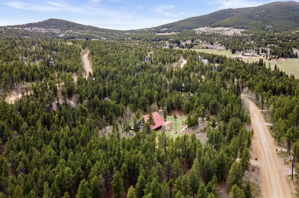 Aerial drone photo of red-roof cabin in the pines near Black Hawk, CO