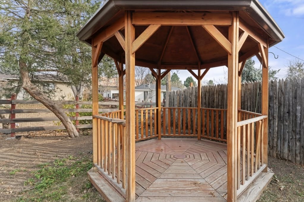 Backyard with a wooden gazebo