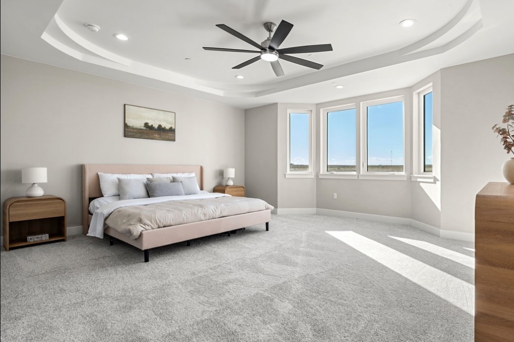 Primary bedroom with a tray ceiling and bay windows